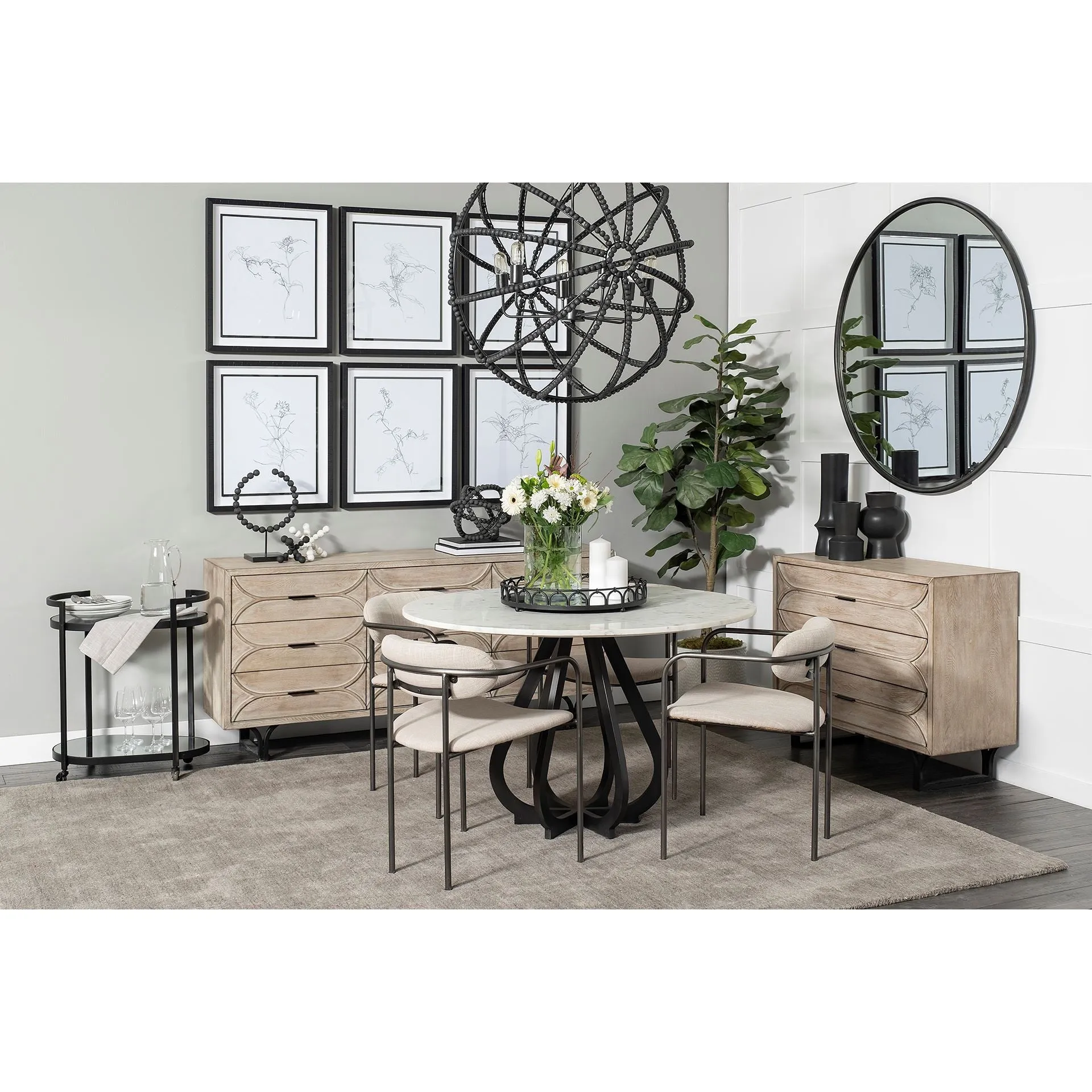 48' Round White Marble Top Black Base Dining Table By Homeroots